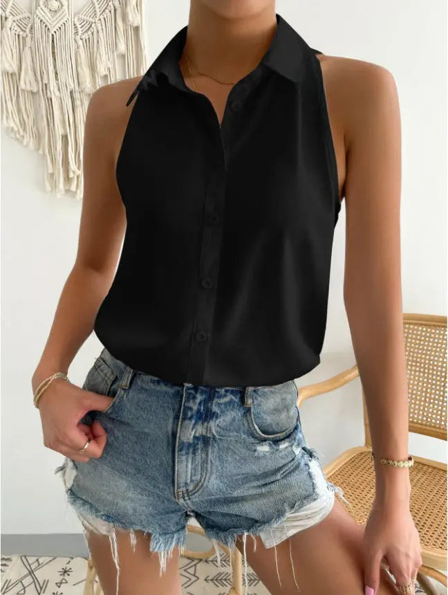 Satin Sleeveless Shirt Women Spring Satin Top Casual Office Solid Color Shirt Supply Bella Mia