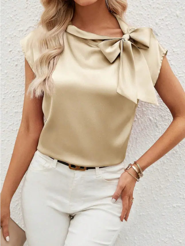 Half Open Collar Bow Satin Top Special Interest Design Satin Women Clothing T shirt Bella Mia