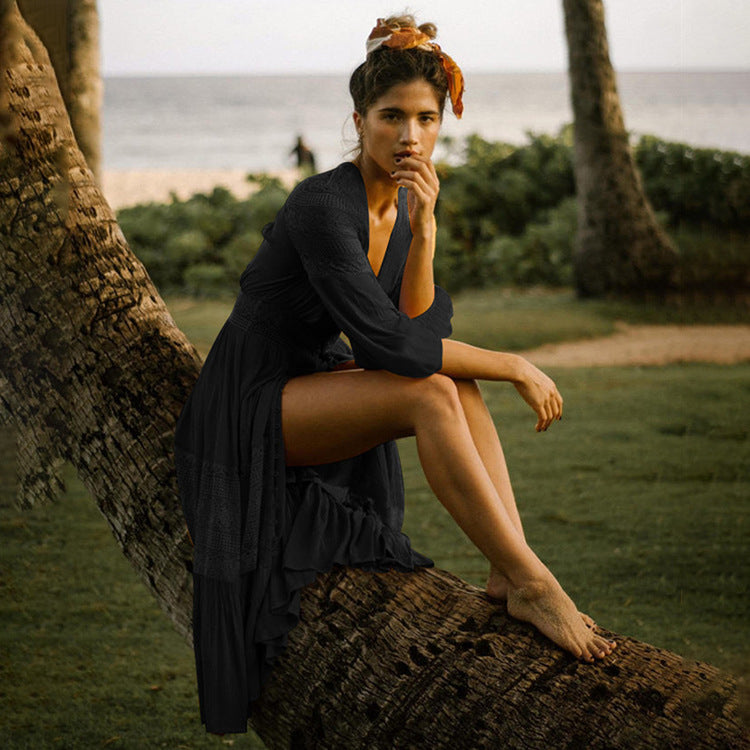 Rayon Stitching Lace Button Beach Dress Vacation Dress Beach Cover Up Sun Protection Shirt Bella Mia