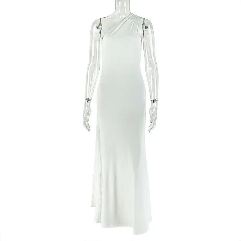 Women Clothing Tied Slim Fit Design Slimming Hip Pleated Diagonal Collar Shoulder Solid Color Length Dress Bella Mia