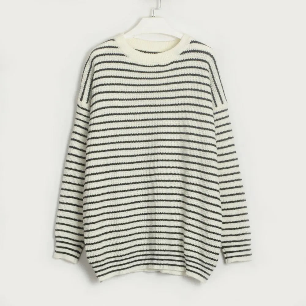 Women Clothing Striped All Matching round Neck T shirt Simple Casual Loose Sweater Bella Mia