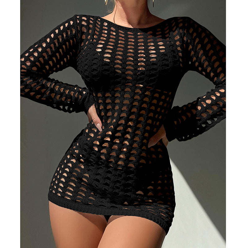 Sexy Slim Plaid Texture Pullover Hollow Out Cutout Beach Sun Protection Beach Cover Up Crochet hook Bella Mia