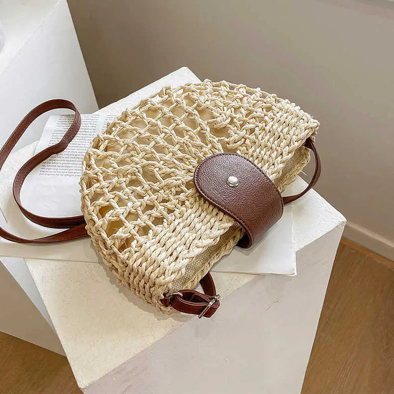 Fresh Hollow Out Cutout Semicircle Straw Bag Crossbody Shoulder Beach Woven Bella Mia