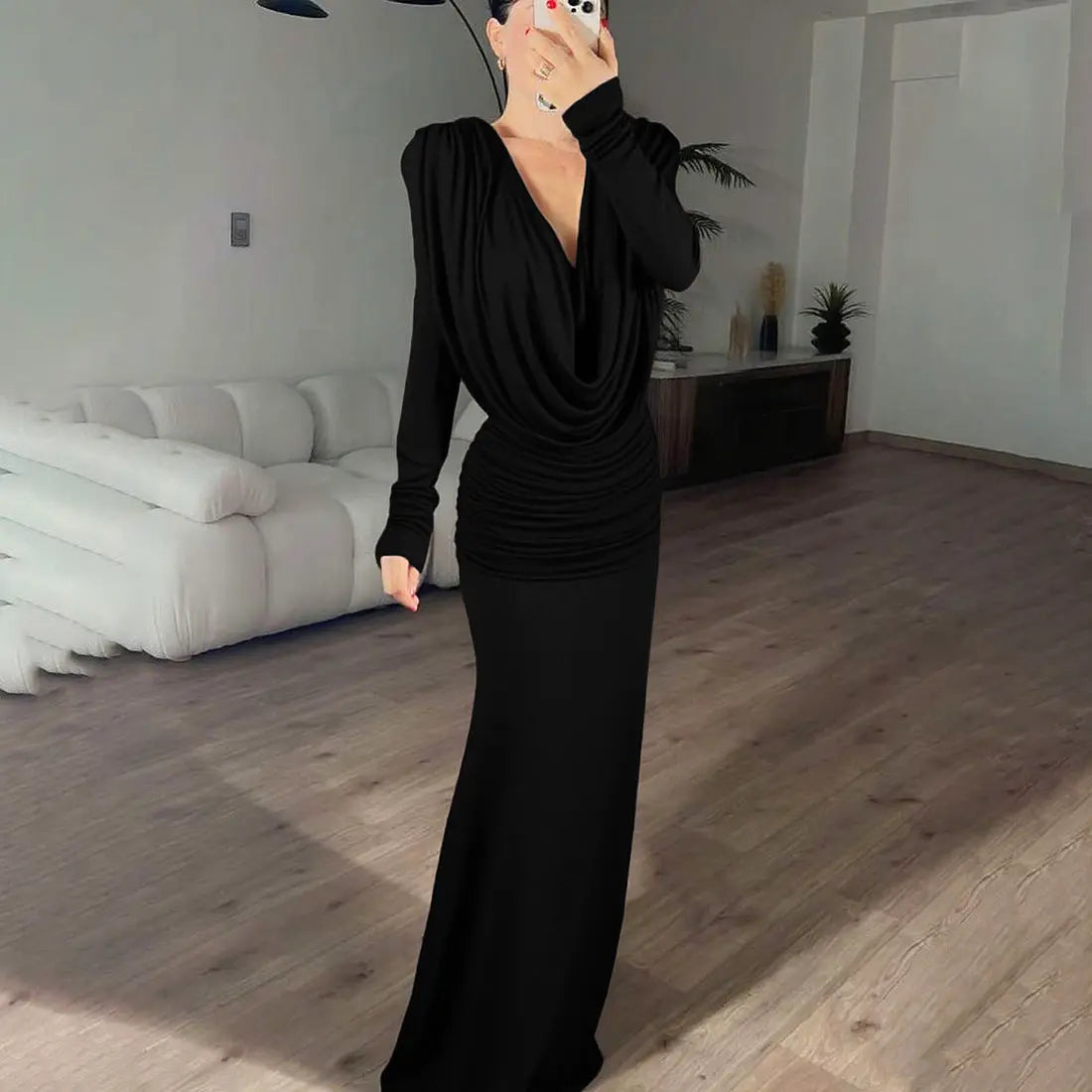 Sexy Backless Cowl Neck Maxi Dress With Ruched Tie Long Sleeve Solid Color Bella Mia