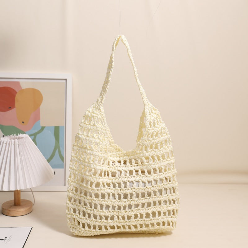 French Large Capacity Shoulder Straw Bag Hollow Out Cutout Tote Portable Straw Bag Woven Bag Seaside Vacation Beach Bag Bella Mia