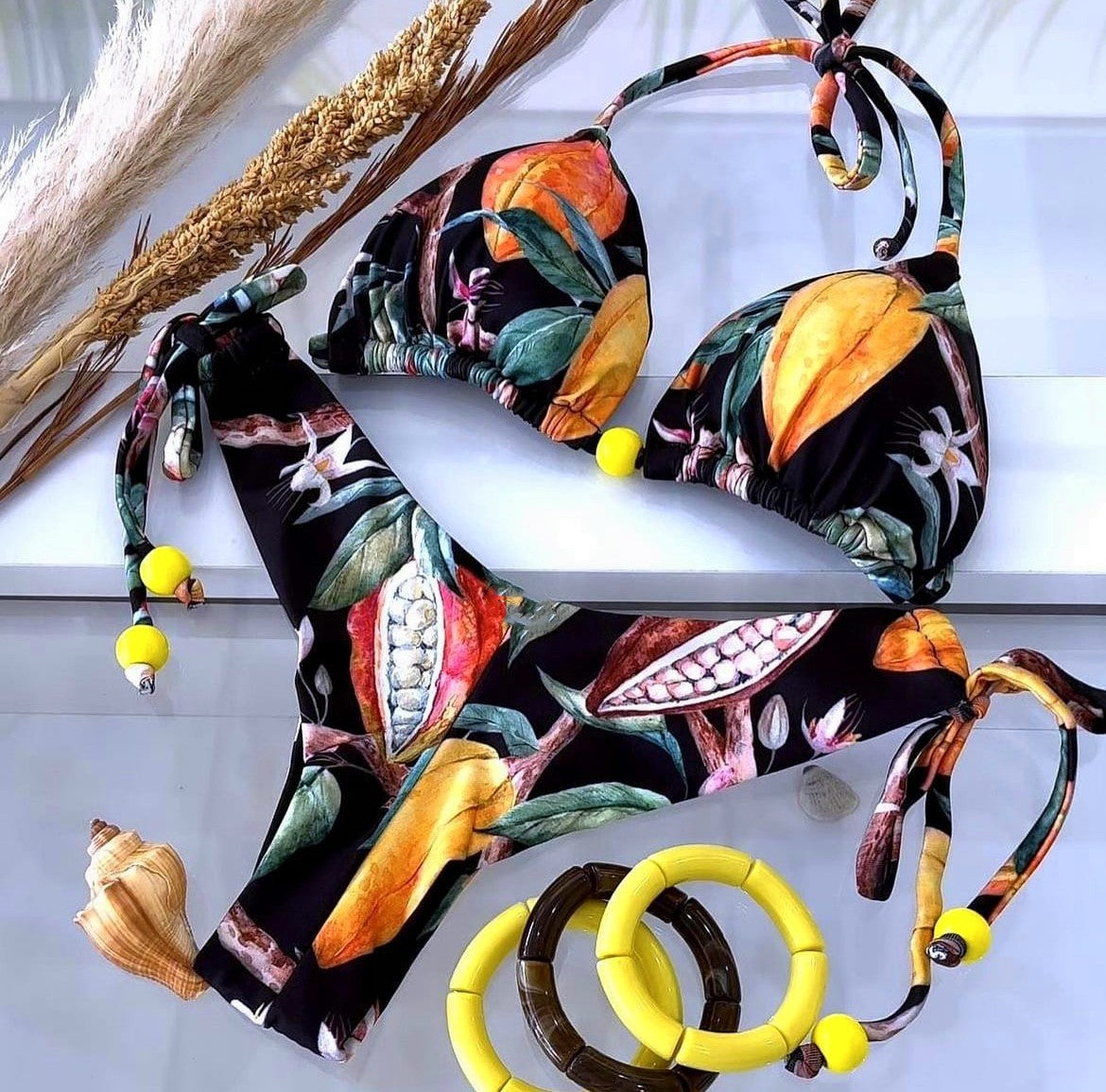 Bikini Digital Printed Sexy Lace Up Halterneck Triangle Split Swimsuit Women Bella Mia