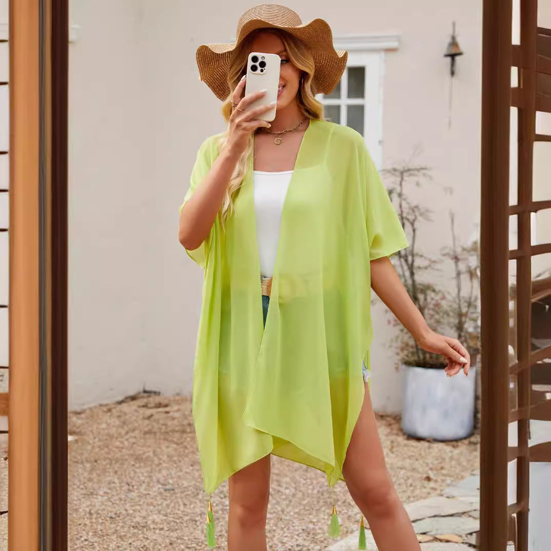 Seaside Blouse See Through Sexy Tassel Thin Cape Solid Color Travel Sun Protection Cardigan Bella Mia