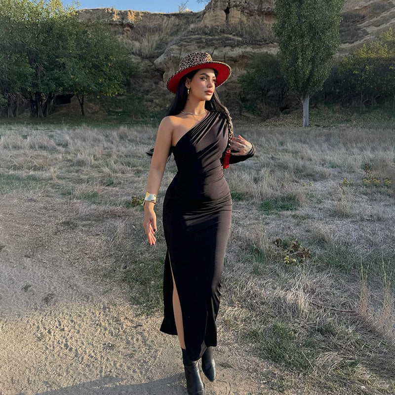 Autumn Elegant Sexy Slim Shoulder Pleated Single Layer Sleeves Dress Women Bella Mia