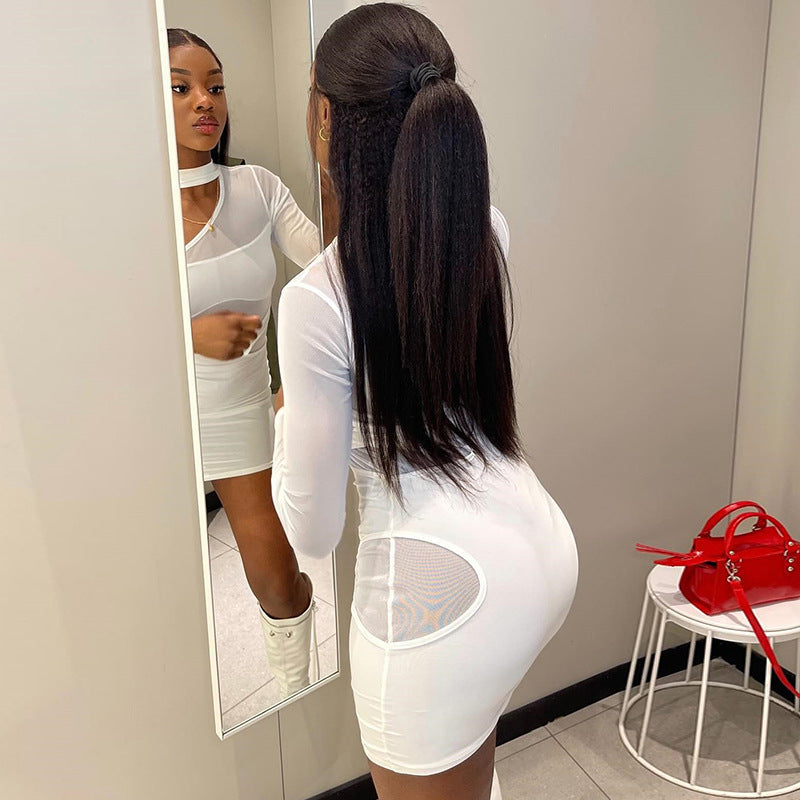 Women Solid Color Dress Sexy Hollow Out Cutout Dress Mesh Stitching Hip Dress Bella Mia