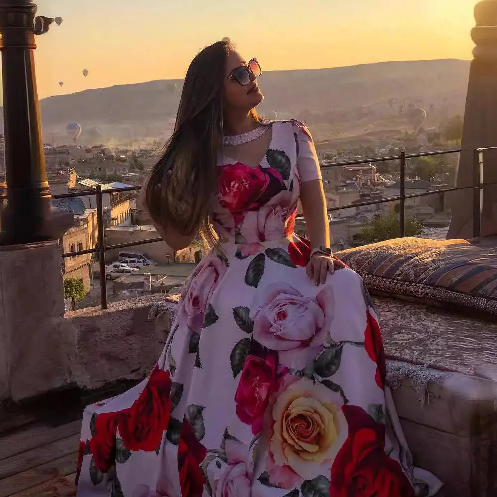 Spring Rose 3D Printing Large Swing Bead Stitching Short Sleeve Dress Bella Mia