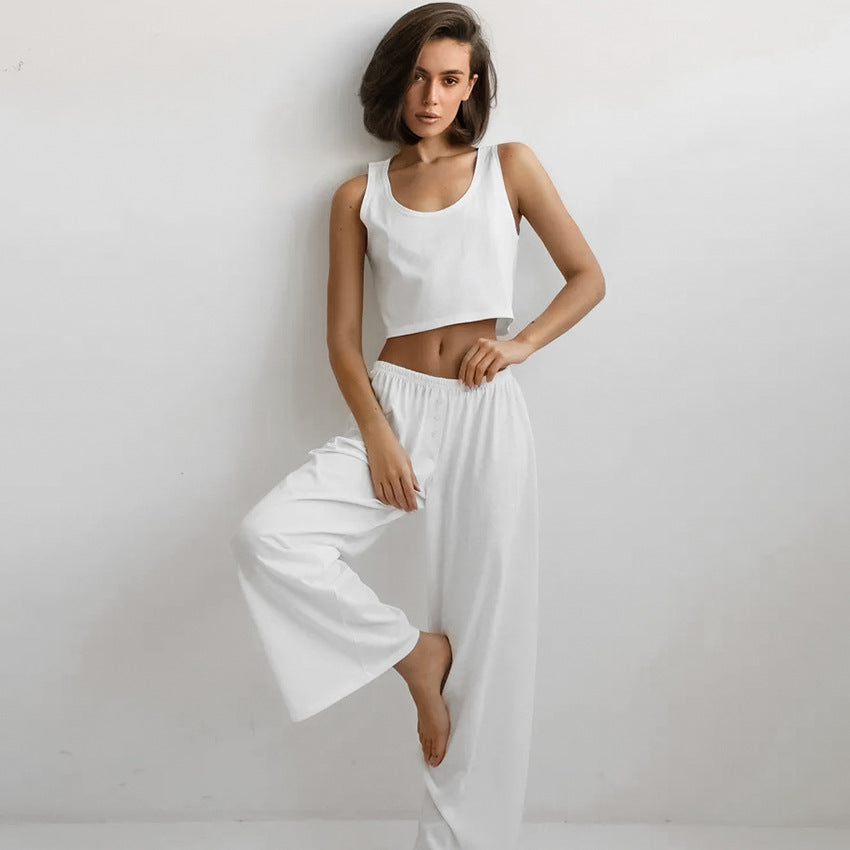 Spring Summer Home Wear Sleeveless Vest Pants Two Piece Set Knitted Emerized Pajamas for Women Bella Mia
