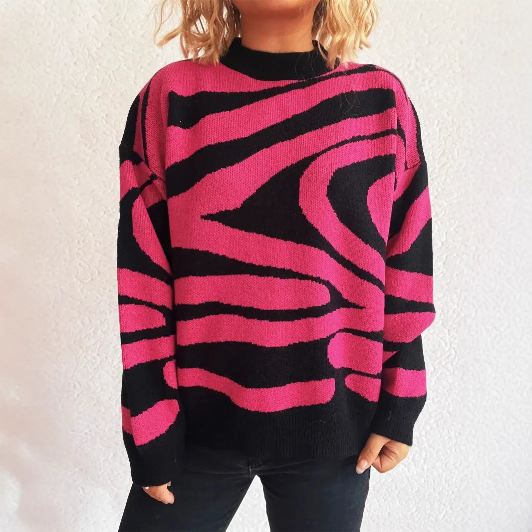 Women Clothing Fall Knitted Pullover Zebra Pattern round Neck Shabby Sweater Bella Mia