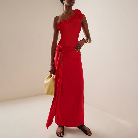 Red Oblique Shoulder Floral Decoration One Piece Swimsuit Women Clothing Bella Mia