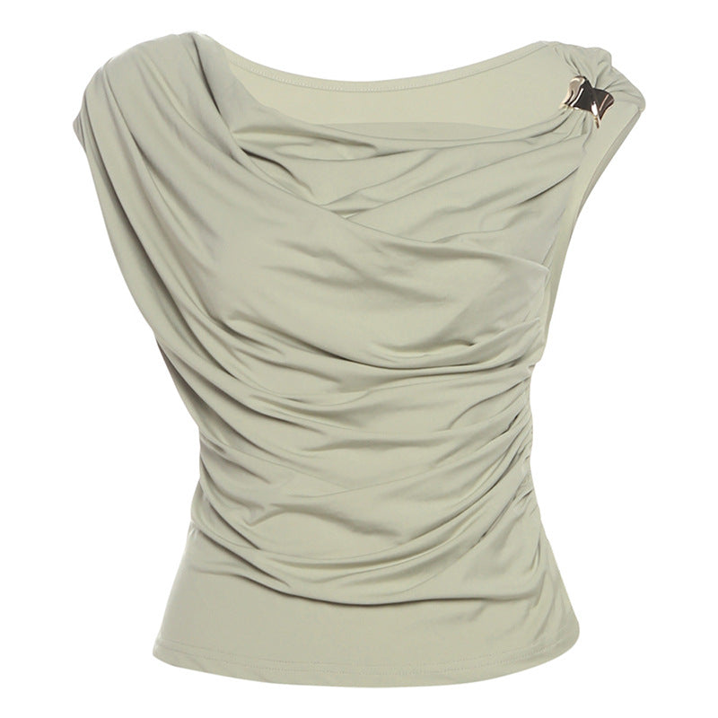 Summer Women Clothing Solid Color Simple Personality Diagonal Collar Sleeveless Cinched Slimming Pullover Women