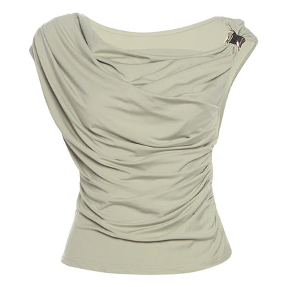Summer Women Clothing Solid Color Simple Personality Diagonal Collar Sleeveless Cinched Slimming Pullover Women