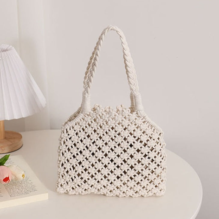Hollow Out Cutout Cotton Thread Woven Bag Summer Cotton String Women Bag Portable Solid Color Straw Bag Vacation Beach Bag Bella Mia