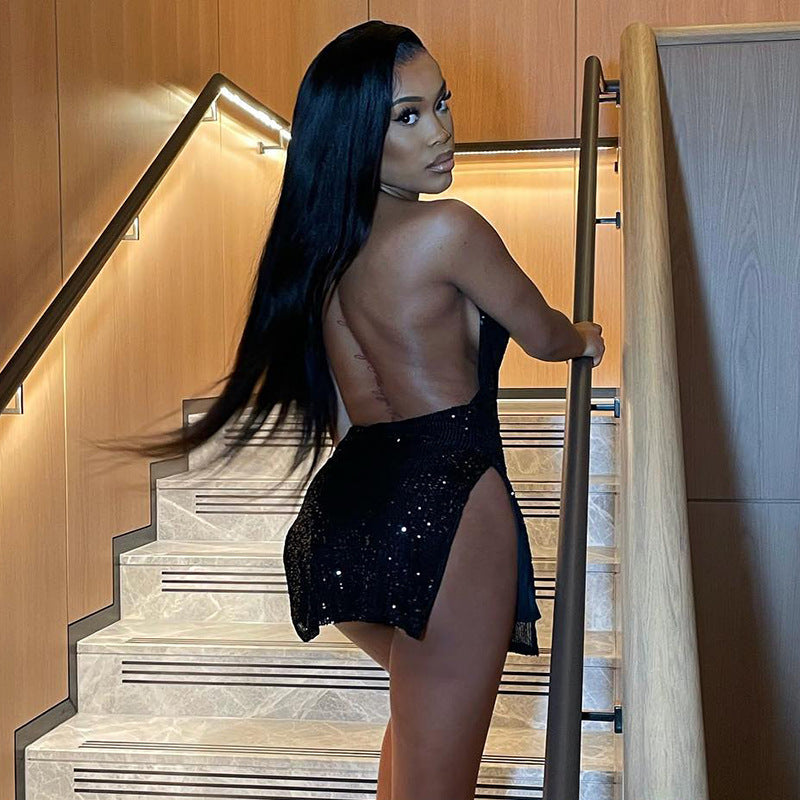 Fried Street Sexy Backless Hollow Out Cutout out Halter Slimming Short Women Dress Bella Mia