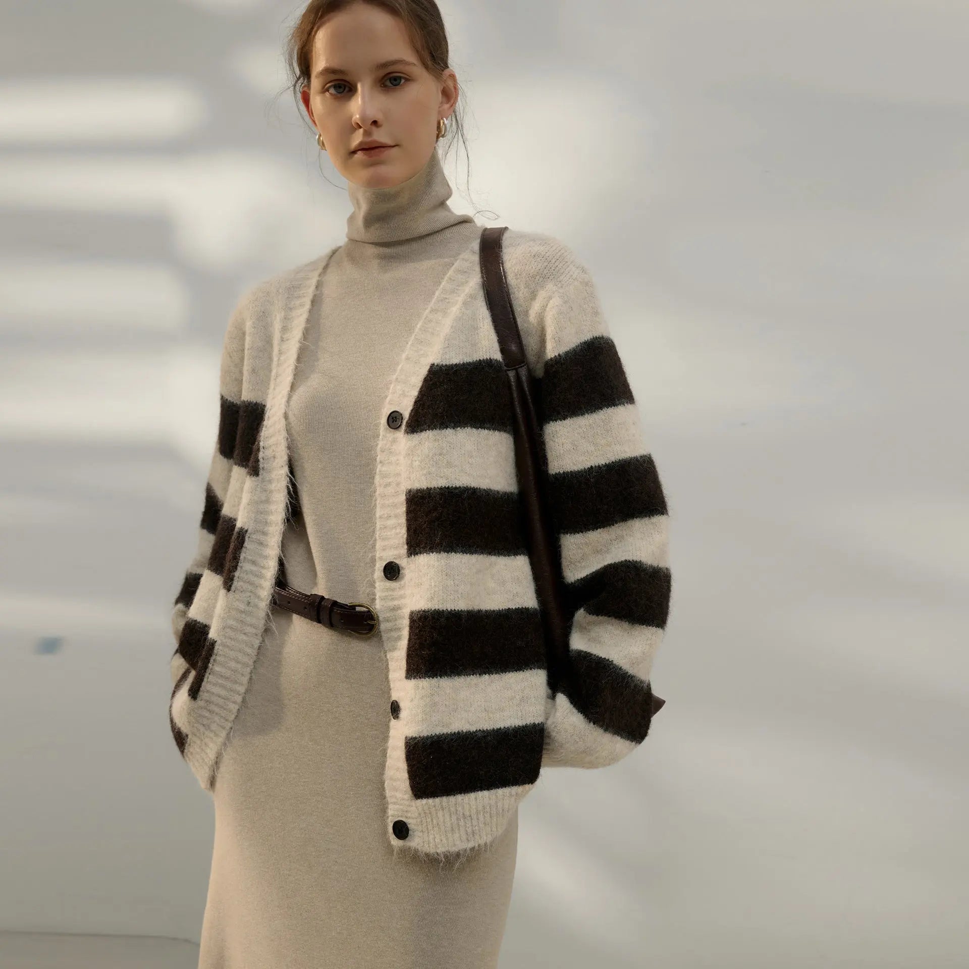 Autumn Winter Lazy Sweater Women Retro Gentle Casual Three Dimensional Striped Contrast Color V neck Long Sleeve Knitted Cardigan Bella Mia