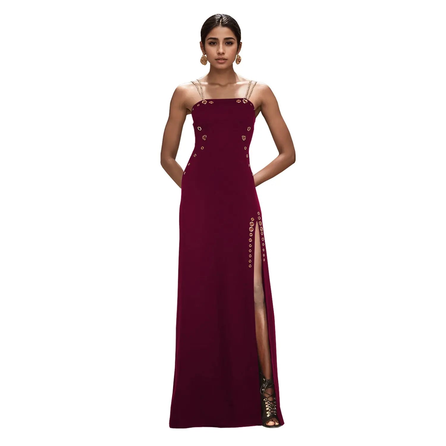 Elegant Gold Sleeveless Split Maxi Dress With Spaghetti Straps Bella Mia