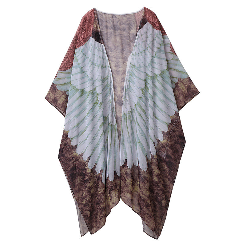 Beach Cover Up Wings Printing Wing Loose Long Long Sleeve Knitted Cardigan Sunscreen Beach Cover Up Bella Mia