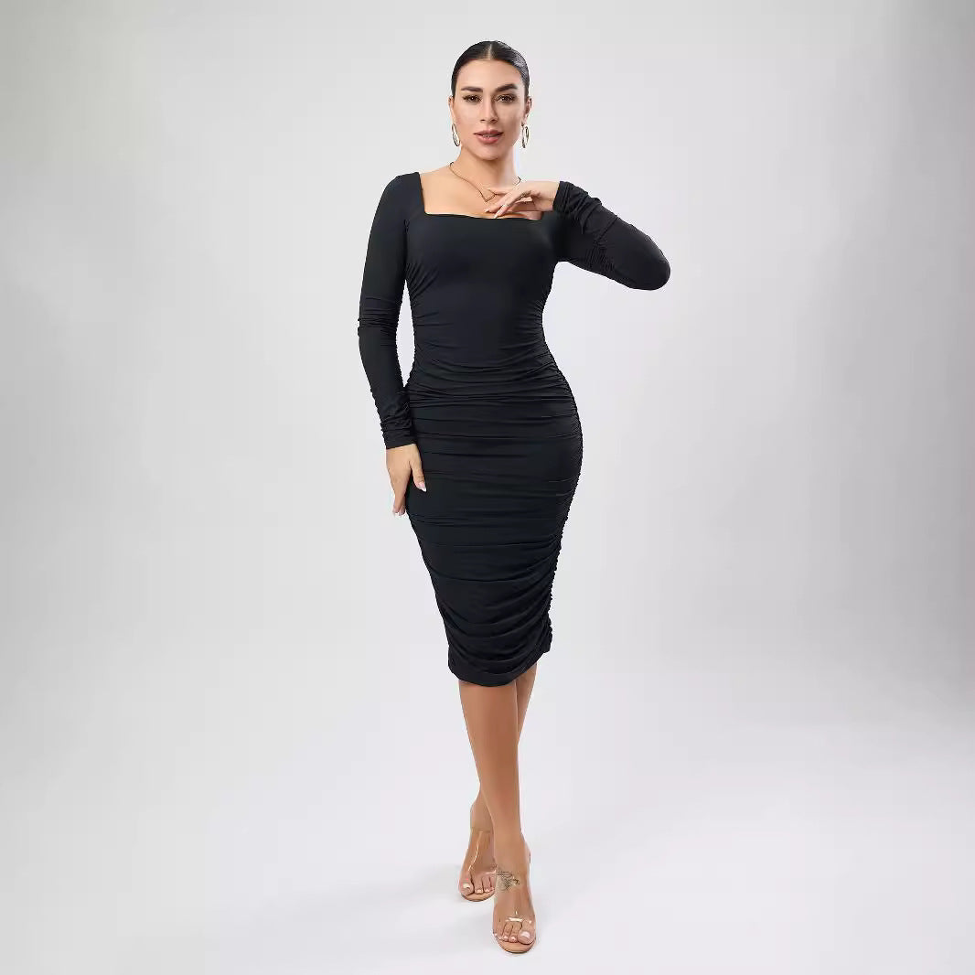 Sexy Stretch Solid Color Square Collar Ruffle Hip Slim Fit Mid Length Dress