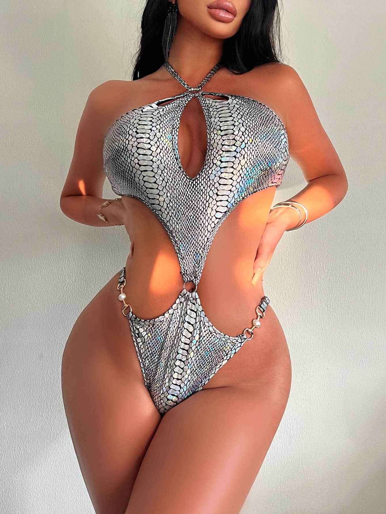 One Piece Hollow Out Cutout Sexy Pearl Buckle Halter Women Swimsuit Bikini One Piece Swimsuit Bella Mia