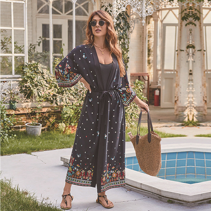 Rayon Positioning Print Holiday Sun Protection Cardigan Women Long Beach Jacket Bikini Cover up Blouse Bella Mia