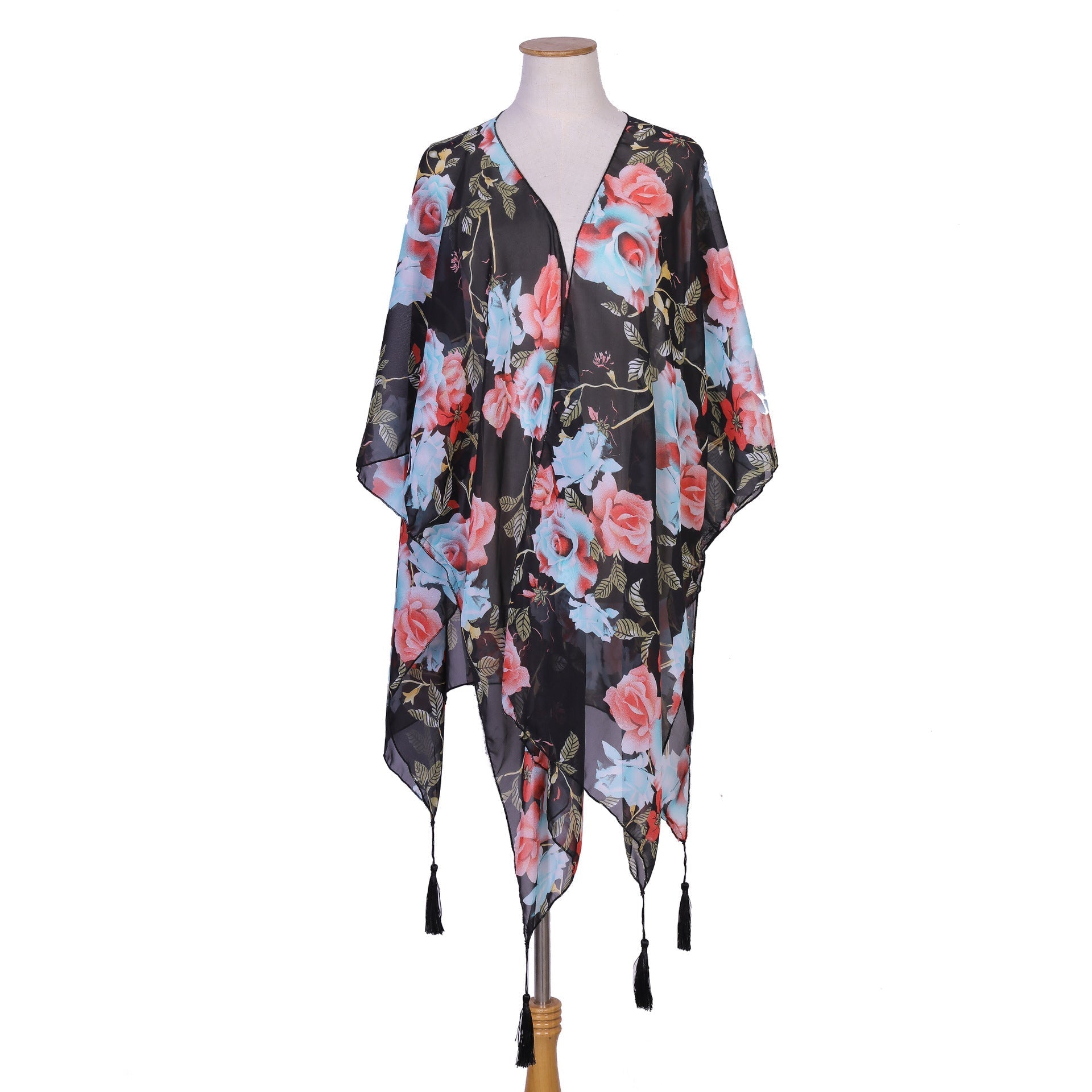 Spring Summer Casual Sun Proof Blue Pink Rose Printed Tassel Blouse Mid Length Sun Proof Clothing Bella Mia