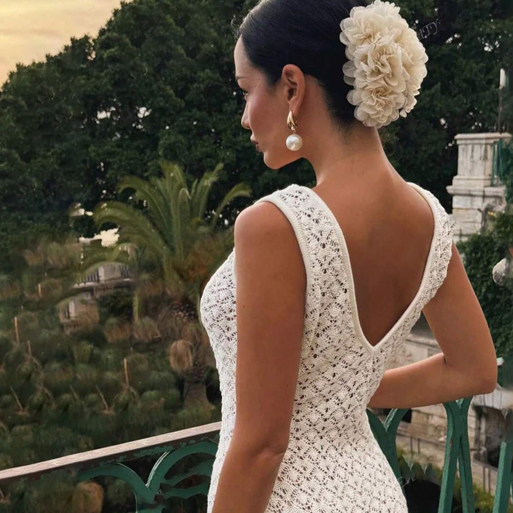 Summer Dress Sexy Sleeveless Hollow Out Cutout Knitted Beach Dress Backless High Grade Women Bella Mia