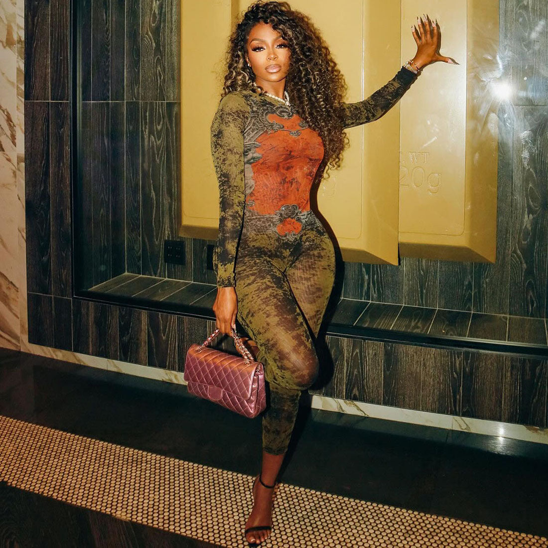 Summer Women Clothing Printed Sexy Mesh High Waist Slim Fit Zipper Long Sleeve Jumpsuit Bella Mia