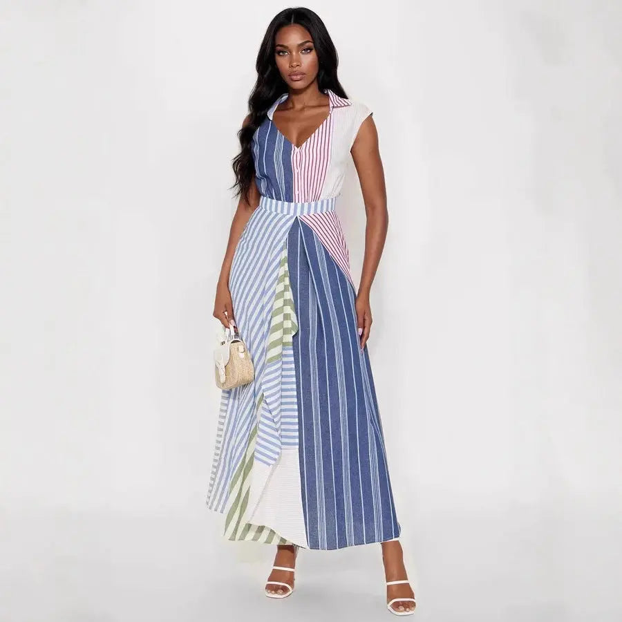 Women V Neck Maxi Dress Patchwork Stripes A Line Cinched Waist Sleeveless Bella Mia