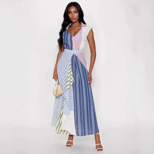 Women V Neck Maxi Dress Patchwork Stripes A Line Cinched Waist Sleeveless Bella Mia