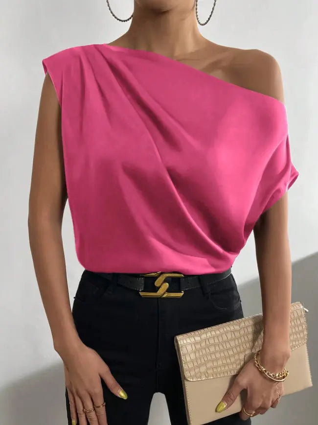 Spring Solid Color Satin Artificial Silk Irregular Asymmetric Shoulder off Shoulder Pullover Sleeveless Shirt Women Clothing Bella Mia