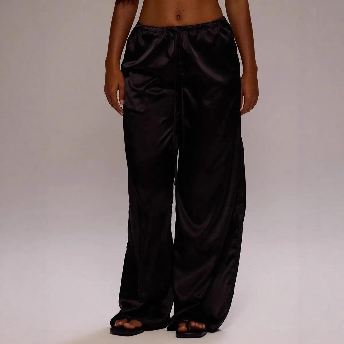 Women Clothing Trendy Autumn Satin Satin Casual Pants Loose Wide Leg Drawstring Long Pants Bella Mia