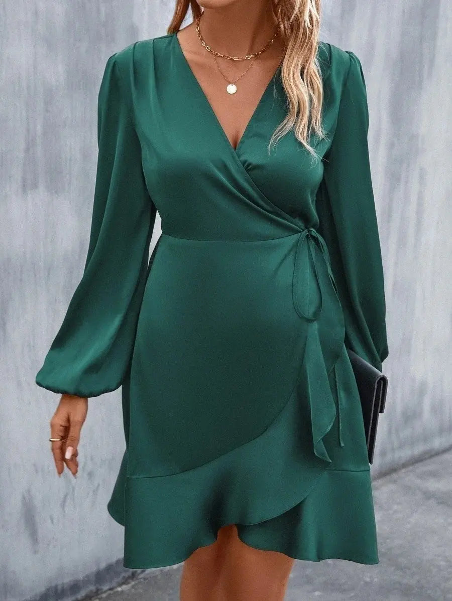 V neck Dress Satin Waist Tight Low Cut Casual Midi Dress Sweet Women Clothing Bella Mia