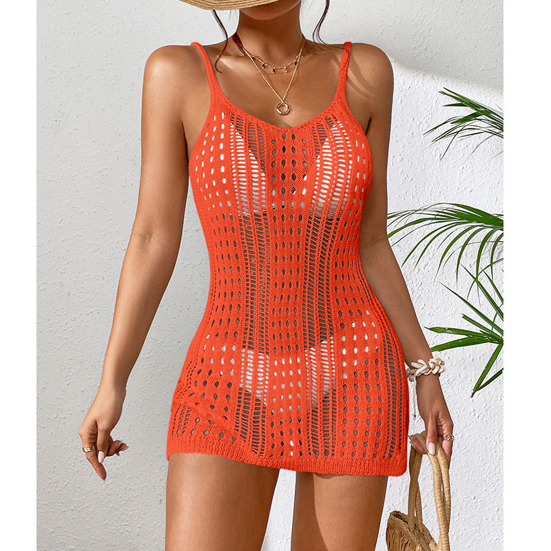 Women Clothing Short Knitted Texture Hollow Out Cutout Out See Through Camisole Sexy Short Dress Knitted Beach Dress Crochet hook Bella Mia