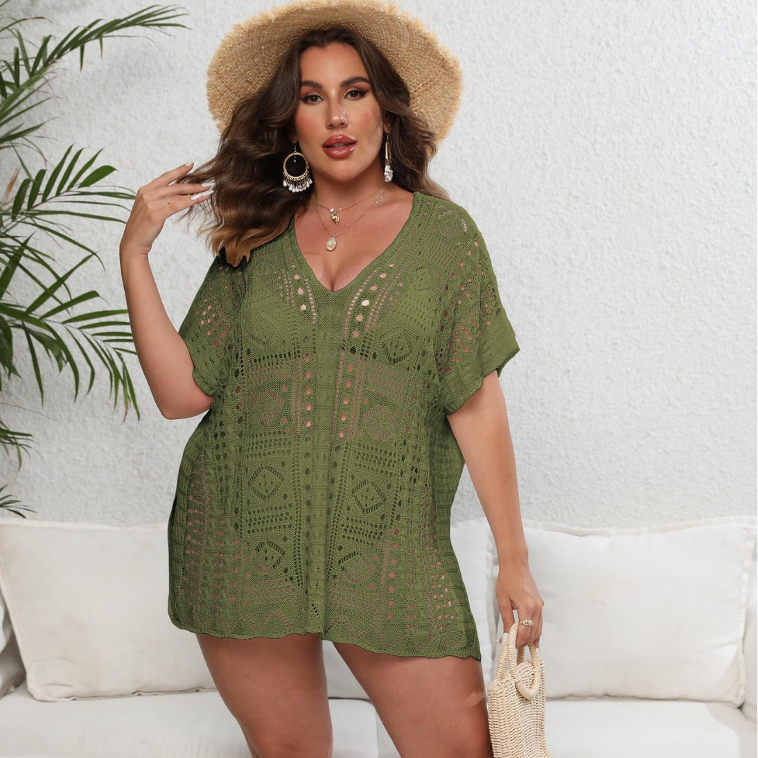 Women Beach Cover Up Women Clothes Woven Shirt Hollow Out Cutout Deep V Plunge Beach Dress Bella Mia