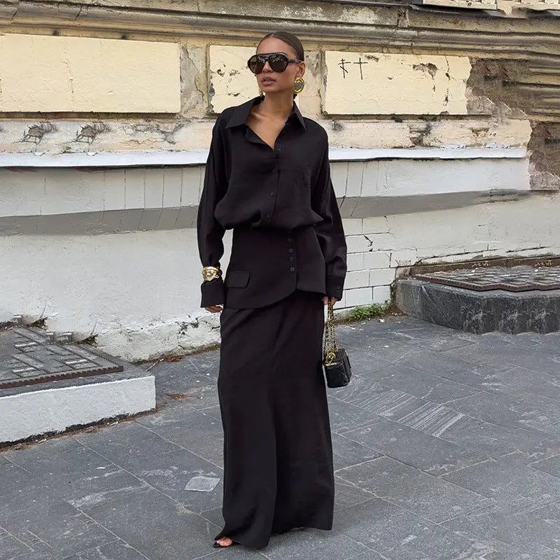 Women Clothing Fall Collared Long Sleeve Shirt Solid Color Waist Seal Skirt Three Piece Set Bella Mia