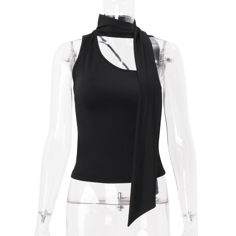 Women Clothing Summer Sexy Solid Color Diagonal Collar Backless Decorative Ribbon Short Inner Vest Women