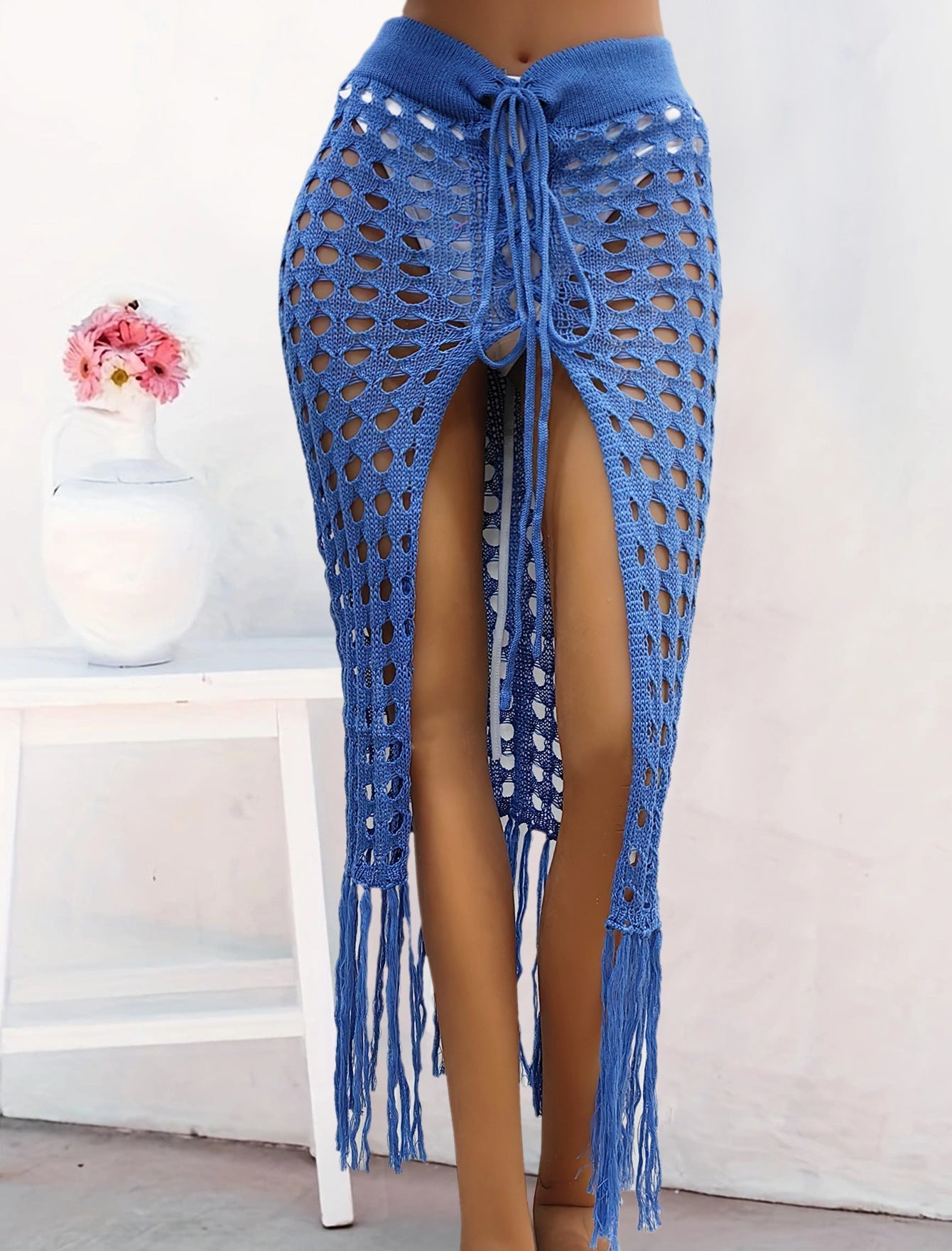 Women Clothing Sexy Cutout Woven Lace up Tassel Dress Split Beach Skirt Bella Mia