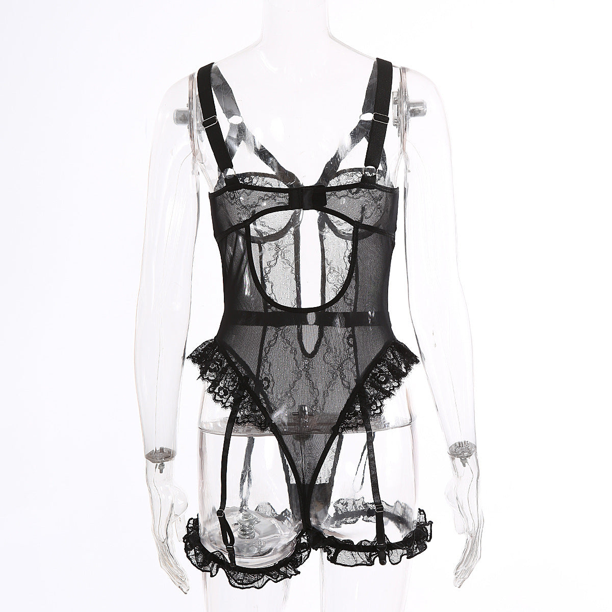 Sexy Lace Lace Cutout See through Sling One Piece Sexy Lingerie Jumpsuit with Leg Ring Bella Mia