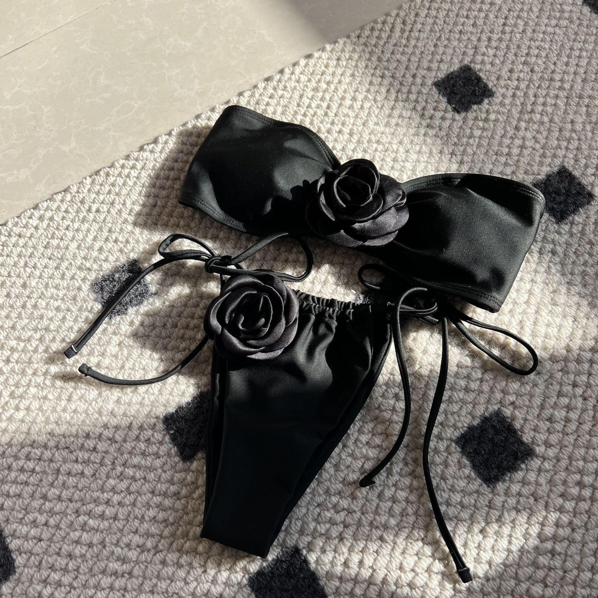 Solid Color Rose Tube Top Drawstring Strap Split Swimsuit Bikini Bella Mia