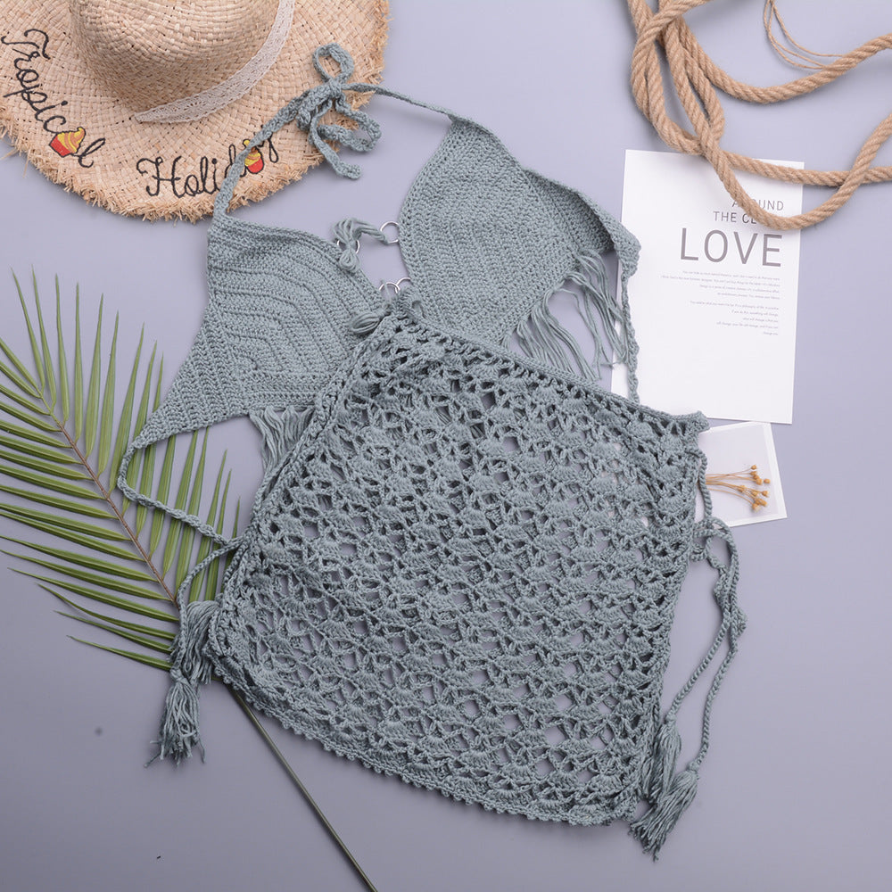 Retro Hand Crocheting Split Swimsuit Halter Strap Tassel Cutout A line Skirt Beach Skirt Women Set Bella Mia