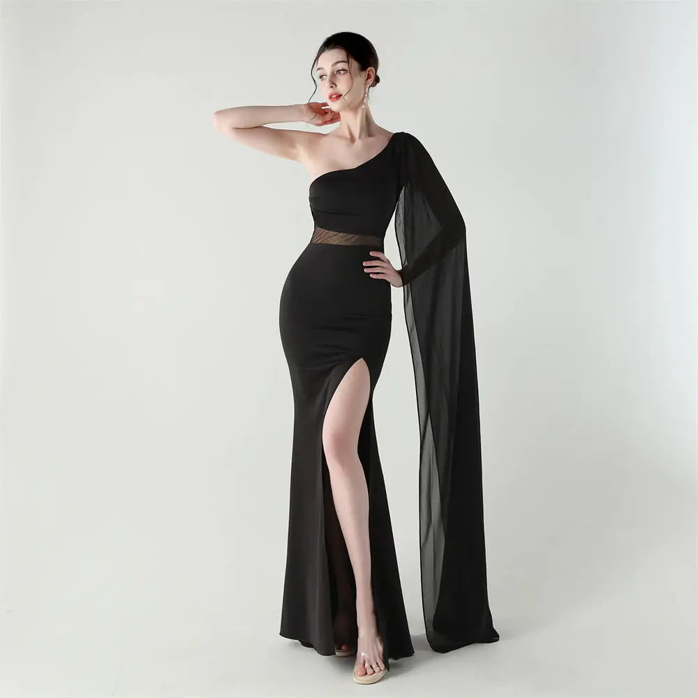One Shoulder Satin Maxi Dress With Mesh Stitching Ruched Details Bella Mia