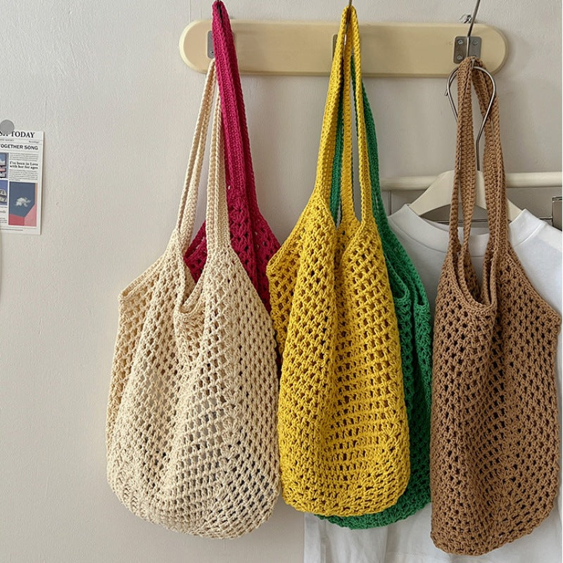 Casual Large Capacity Cotton Thread Woven Bag Hollow Out Cutout Straw Bag Idle Shoulder Bag Vacation Beach Bag Women Bag Bella Mia