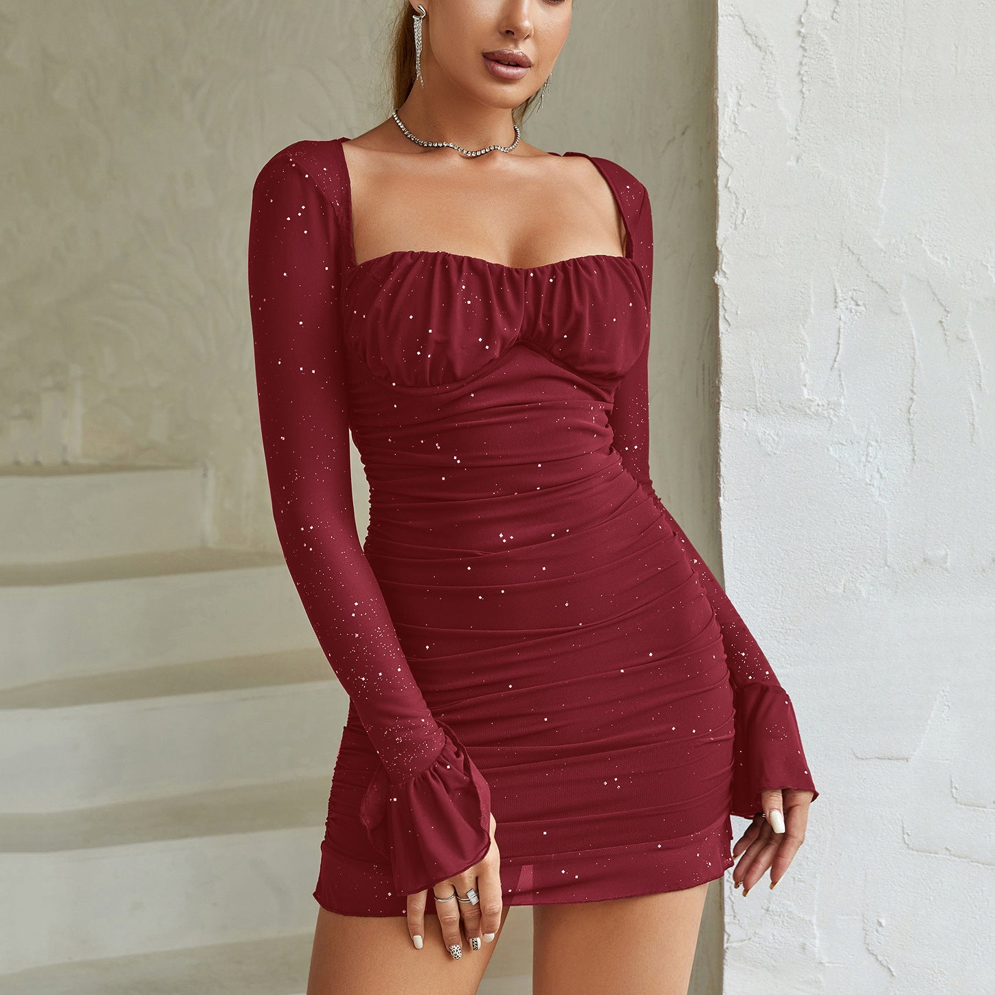 Mesh Long Sleeve Dress Sexy See through Steel Ring Sequined Square Collar Backless Dress Bella Mia