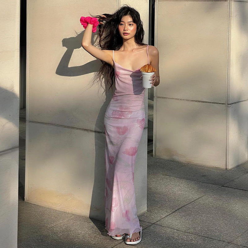 Women Clothing Summer Sexy Sweet Spicy off Neck Mesh Floral Print Long Sling Dress Bella Mia