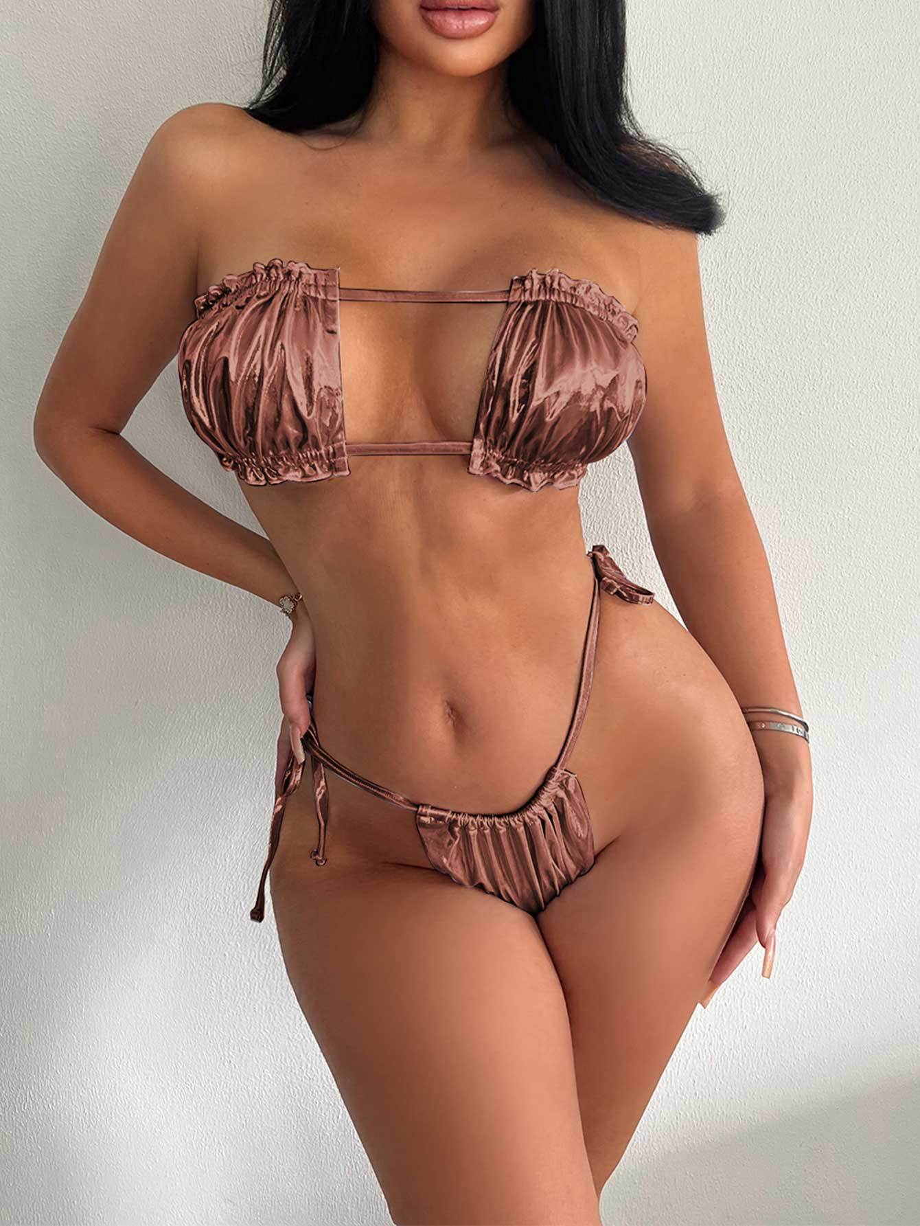 Bikini Bronzing Lace Pleated Tube Top Split Swimsuit Women Backless Lace up Bikini Bella Mia