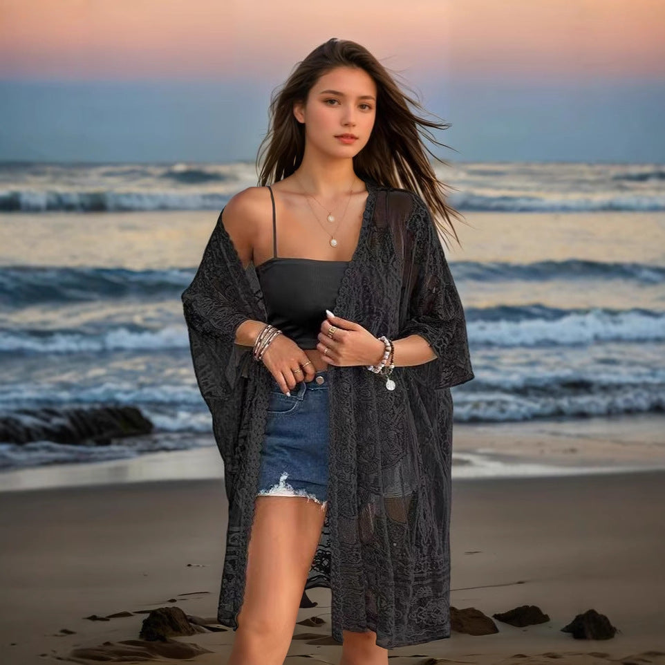 Women's Clothing Sexy See through Water Soluble Lace Embroidered Cardigan Beach Bikini Sun Protective Blouse Bella Mia