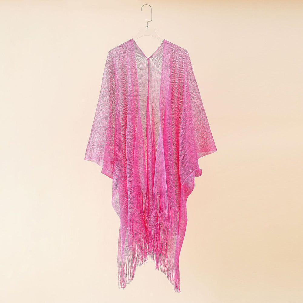 Beach Solid Color Sun Proof Tassel Knitting Beach Cover Up Sweater Shawl Cardigan Bella Mia